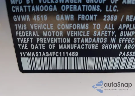 2015 Volkswagen Passat 1.8T Limited Edition из США, поврежденный, VIN 1VWAS7A34FC111459